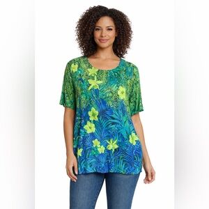 Vintage 90s Snakeskin Floral Blouse Tropical Palm Print Green Blue Top